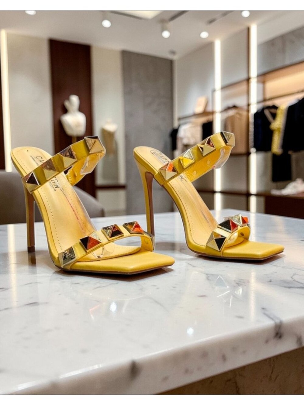 Yellow Studded High Heel Sandals With Straps & Square Toe Design For Women - Picture 2 of 15